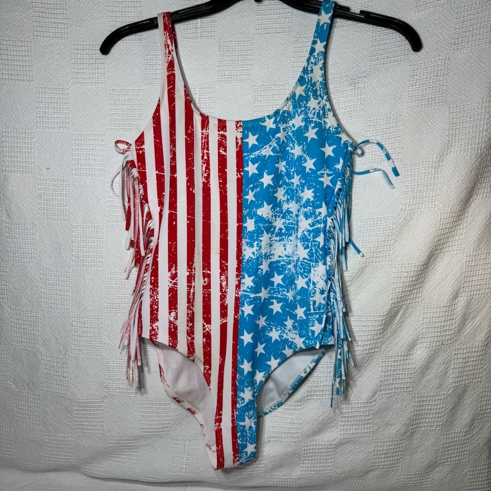 O'Rageous Womens Medium Red White Blue American Flag Swimsuit Low Back Fringes